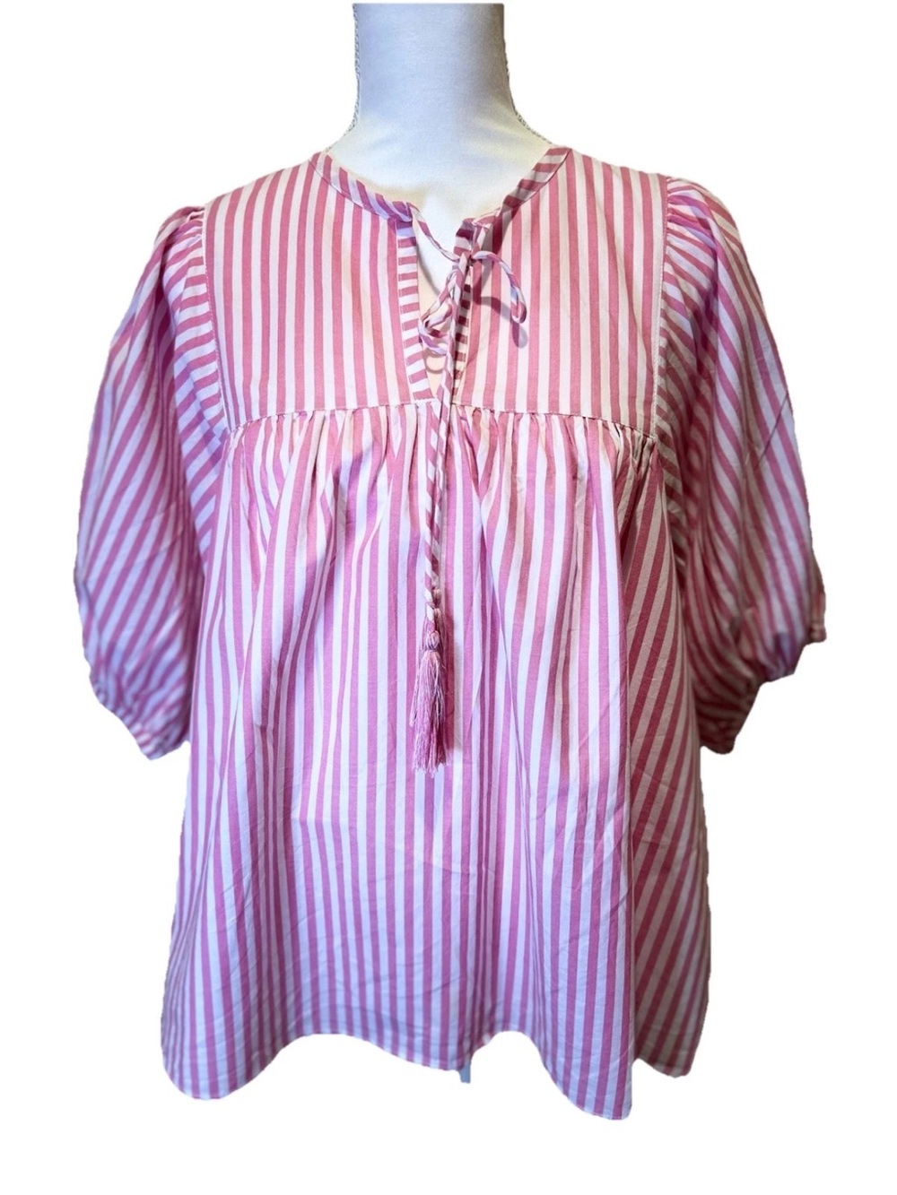 Philosophy Pink White Striped Puff Sleeve Tassel Tie Babydoll Blouse Top Large